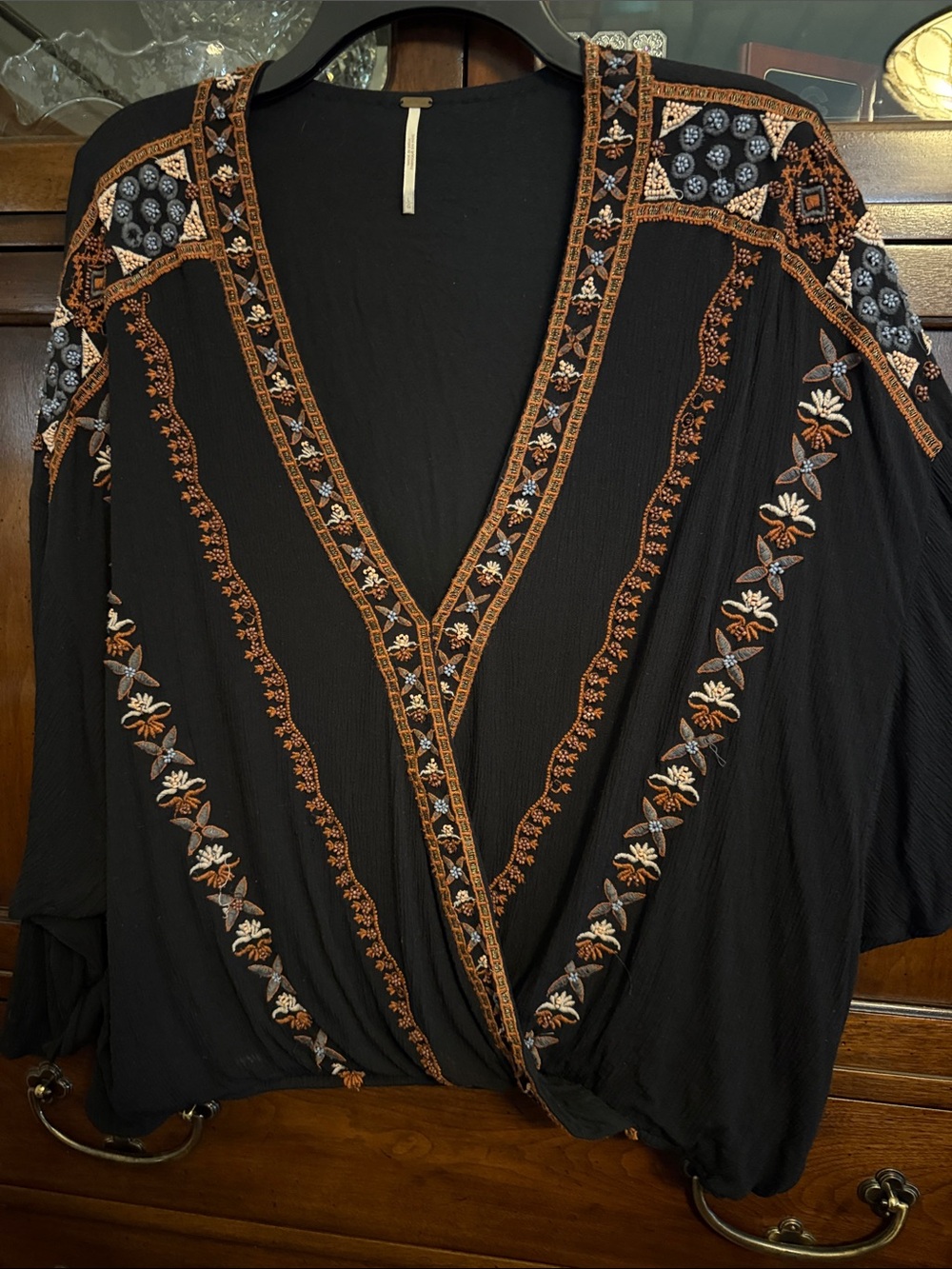Free People Black V-Neck Wrap Tunic with Burnt Orange and Cream Embroidery